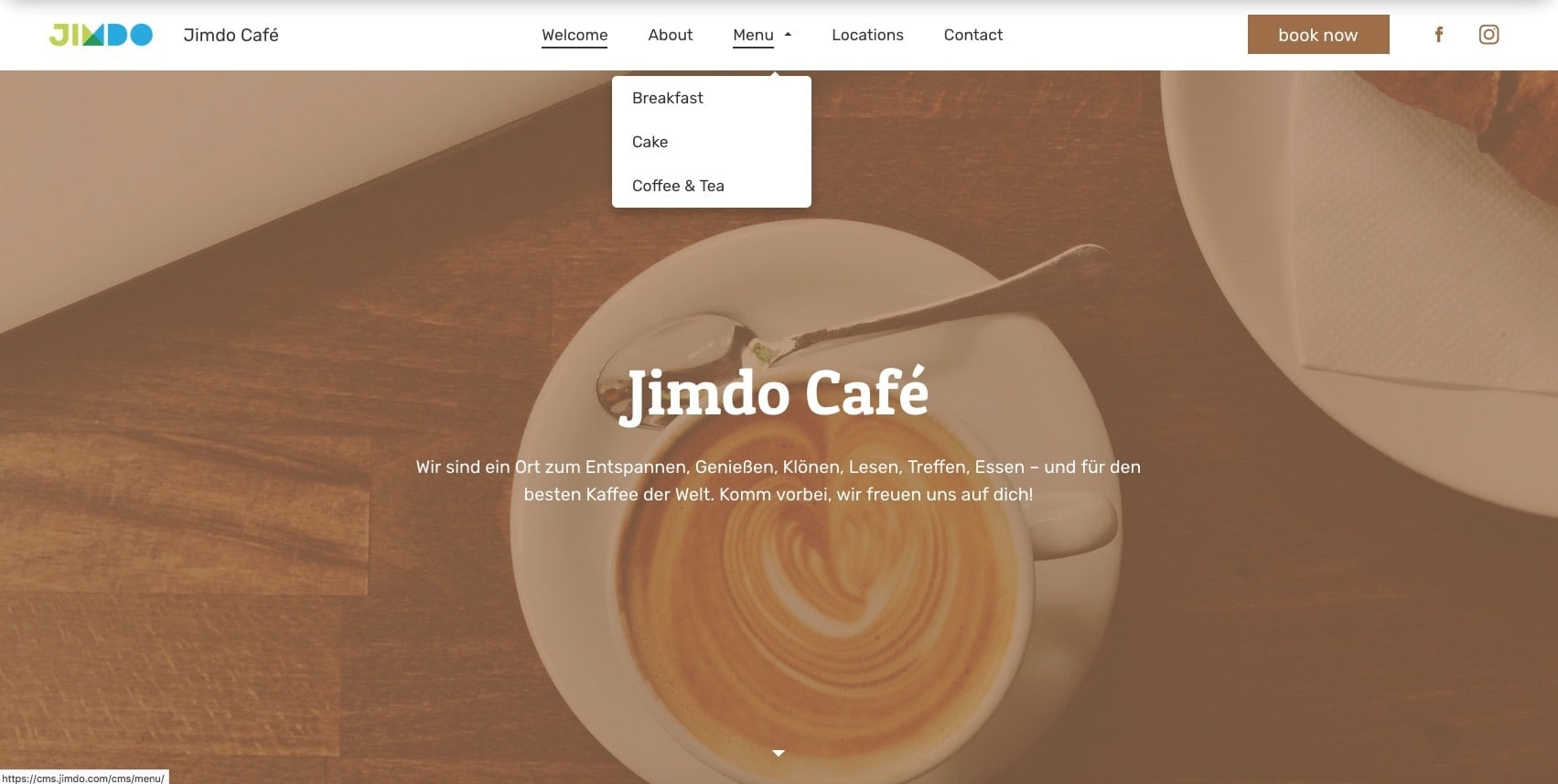 An example of adding more pages with a dropdown navigation menu on a Jimdo website.