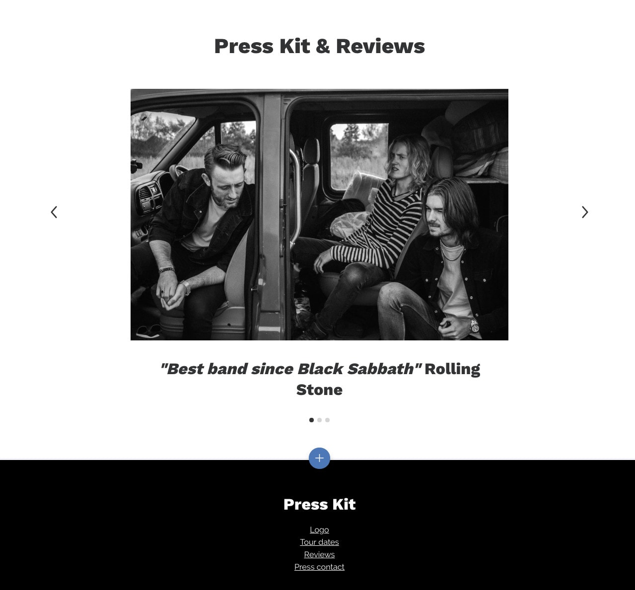 Press kit page example of musician website