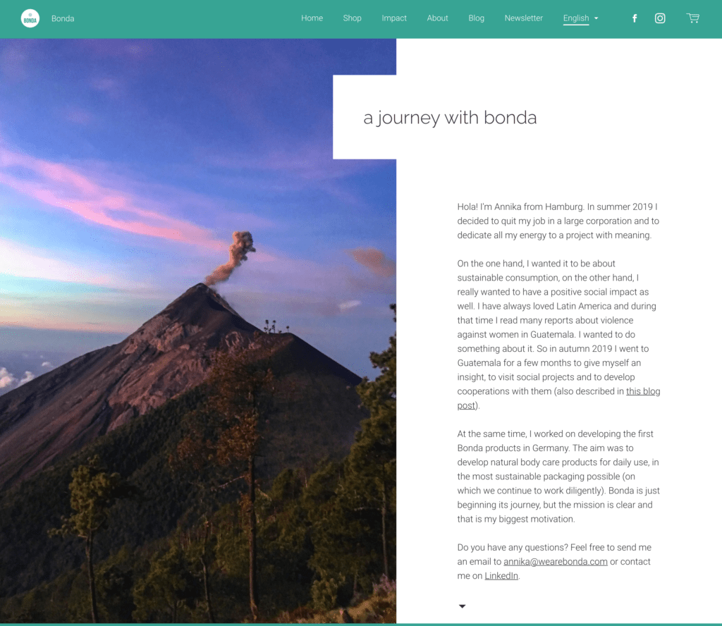 Example of an About page from sustainable body care company Bonda