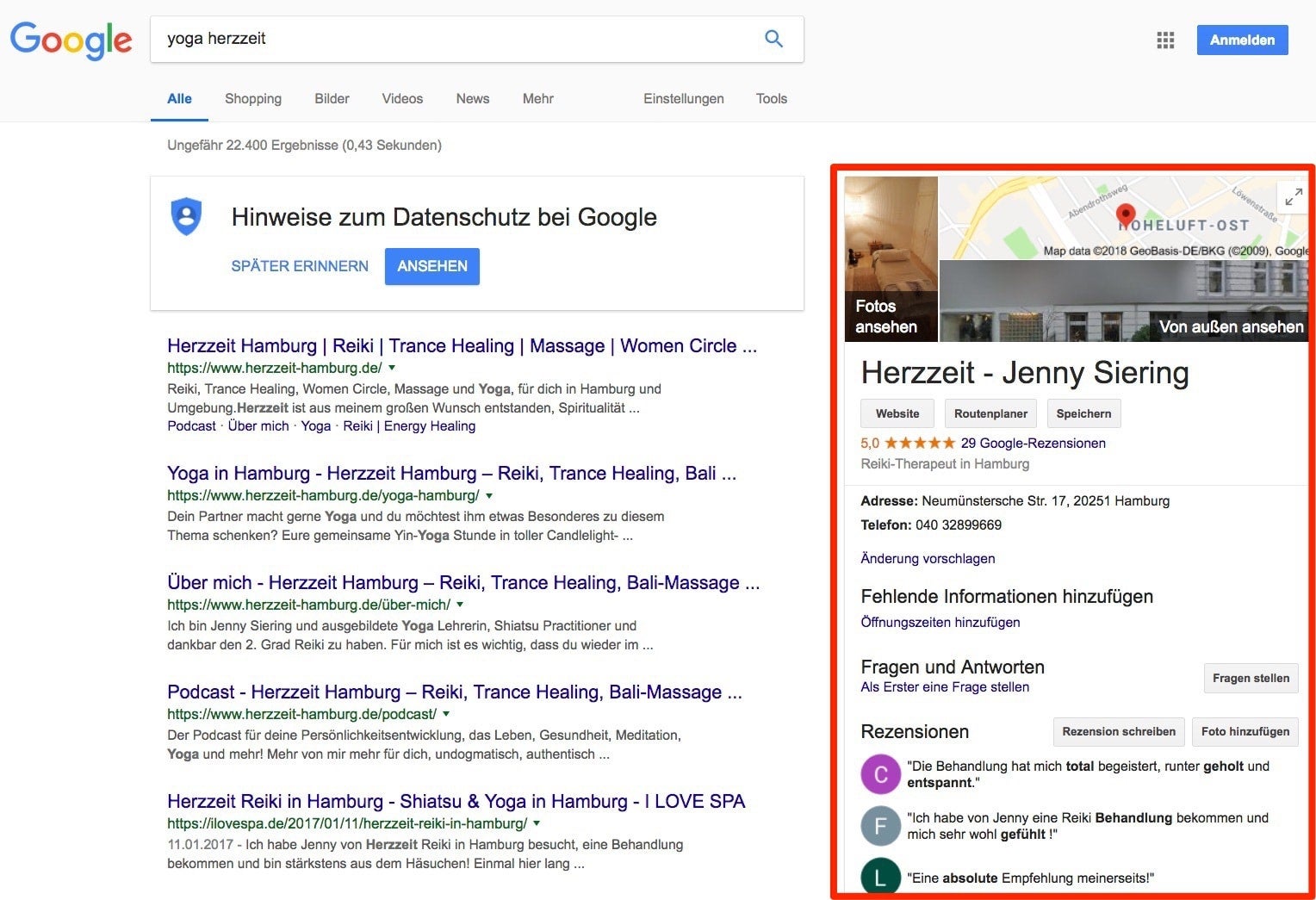 Beispiel eines Eintrags bei Google My Business in den Suchergebnissen