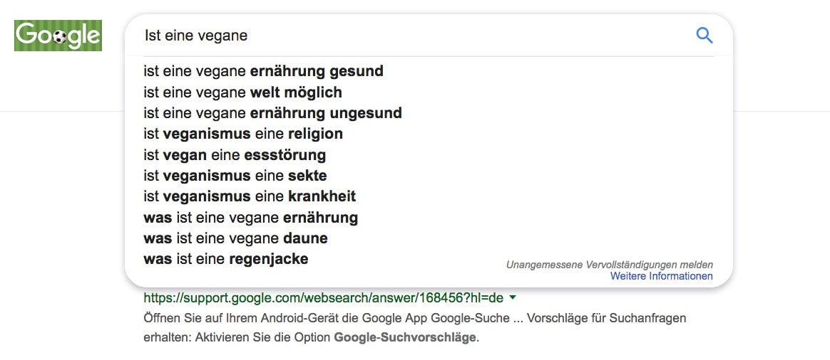 Beispiel automatische Suchvorschläge von Google