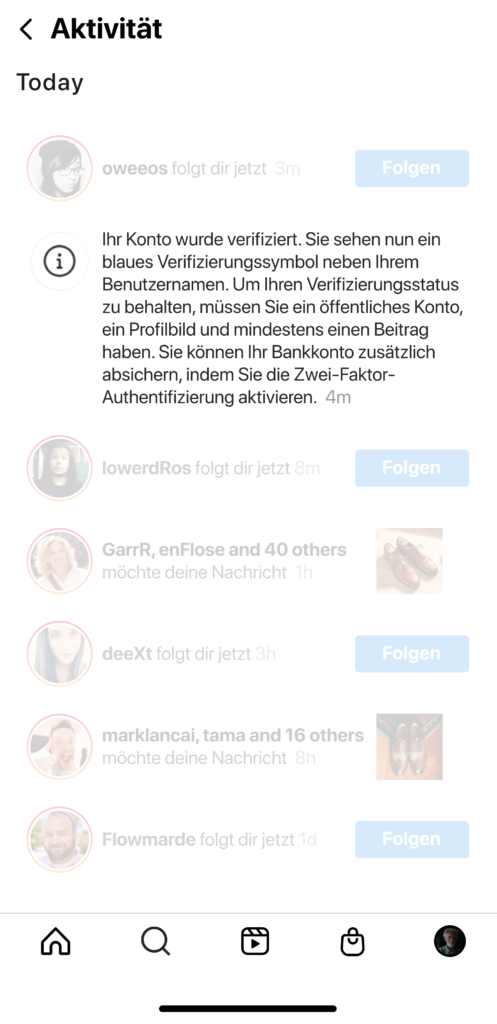 Bestätigung der Bearbeitung der Verifizierung des Instagram Shops.
