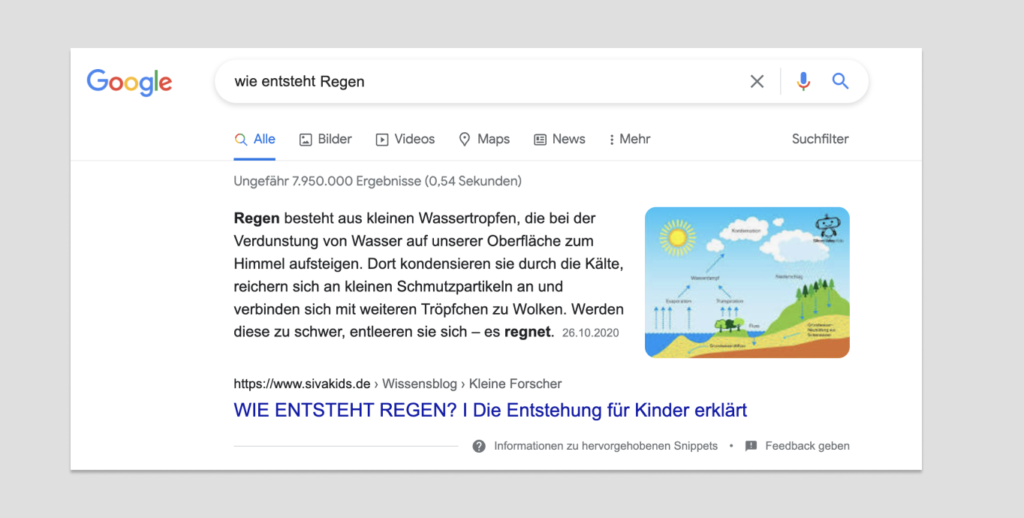 Screenshot einer Google-Suche mit Featured Snippet zur Entstehung von Regen
