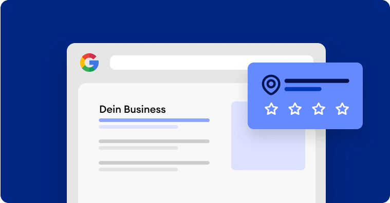 Eine Illustration einer Suchergebnisseite mit blauem Hintergrund, die einen Google Business-Eintrag mit Sternen für Bewertungen zeigt