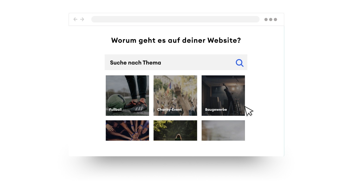 Homepage-Baukasten, Schritt 2: Beantworte ein paar Fragen zu deinem Unternehmen. Kacheln mit Themen.