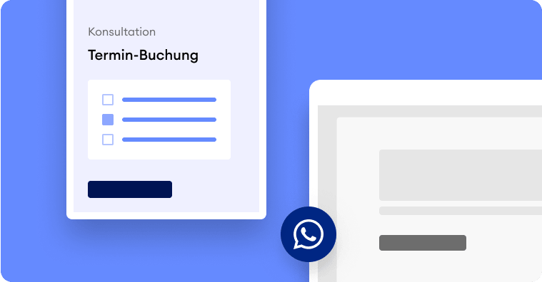 Eine Illustration eines Terminbuchungsformulars mit dunkelblauem Hintergrund, mit einem Kalender-Icon und einem Button zur Terminvereinbarung.