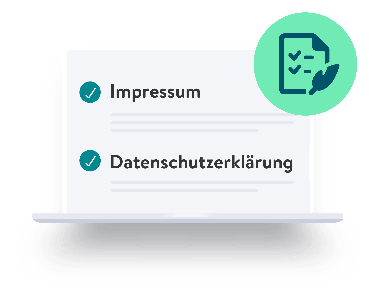 Illustration eines Laptops, auf dem dank Rechtstexte-Manager die Punkte Impressum und Datenschutzerklärung abgehakt sind