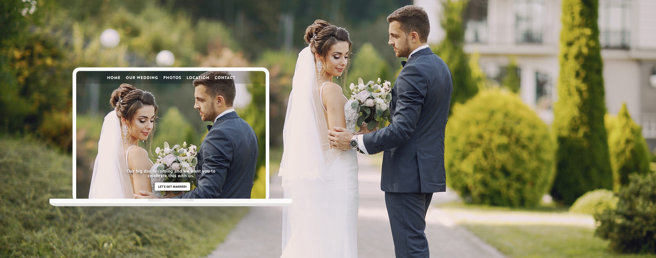 A couple in a bridal gown and suit pose together on their wedding day, next to a picture of their wedding website.