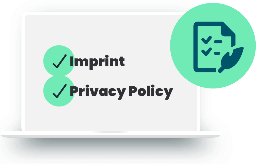 An open laptop displaying a checklist with Imprint and Privacy Policy as completed using Jimdo's Legal Text Generator.