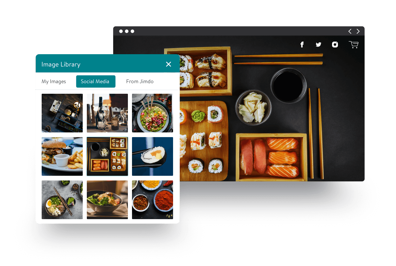An example from a Jimdo restaurant website of how to bring images from a social media account directly into the website's image library. 