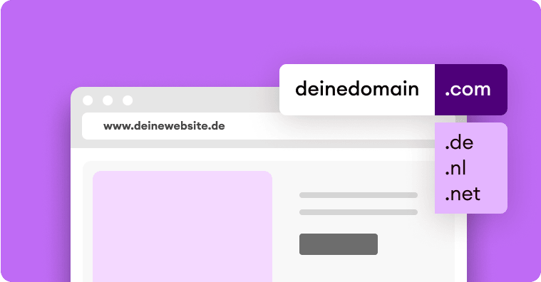 Eine Illustration eines Browser-Fensters mit lila Hintergrund, das ein Feld für den Domainnamen und Abzeichen-Icons zeigt, die Website-Glaubwürdigkeit und DSGVO-Konformität darstellen.